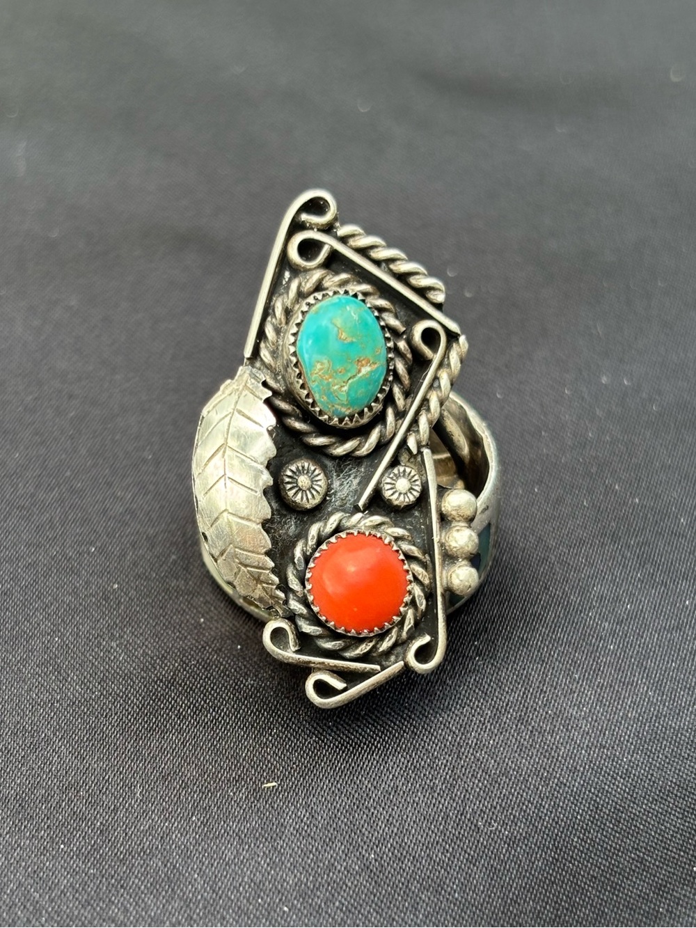 Vintage Sterling Silver Navajo Turquoise and Coral Women's Ring
